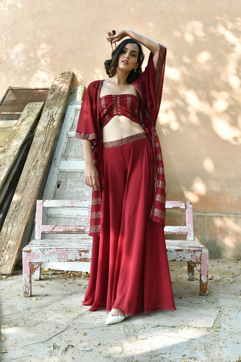 MULMUL MAROON SEQUIN JACKET PLAZZO & BANDEAU TOP SET MULMUL MAROON SEQUIN JACKET PLAZZO & BANDEAU TOP SET