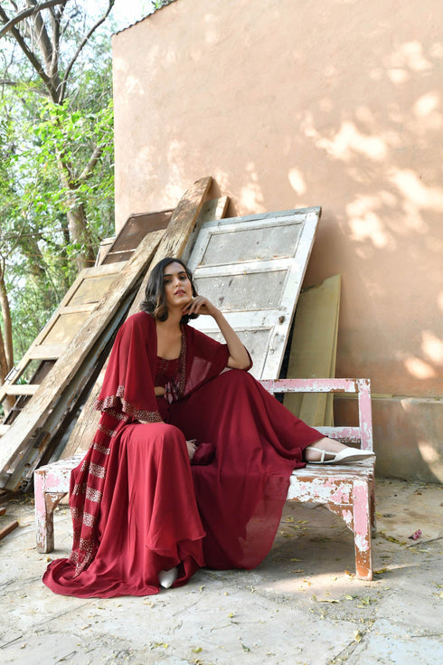 MULMUL MAROON SEQUIN JACKET PLAZZO & BANDEAU TOP SET MULMUL MAROON SEQUIN JACKET PLAZZO & BANDEAU TOP SET