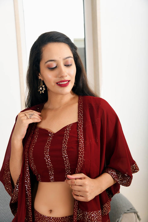 MULMUL MAROON SEQUIN JACKET PLAZZO & BACK TIE BLOUSE SET MULMUL MAROON SEQUIN JACKET PLAZZO & BACK TIE BLOUSE SET