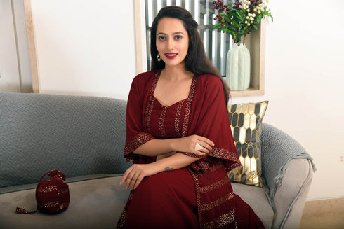 MULMUL MAROON SEQUIN JACKET PLAZZO & BACK TIE BLOUSE SET MULMUL MAROON SEQUIN JACKET PLAZZO & BACK TIE BLOUSE SET