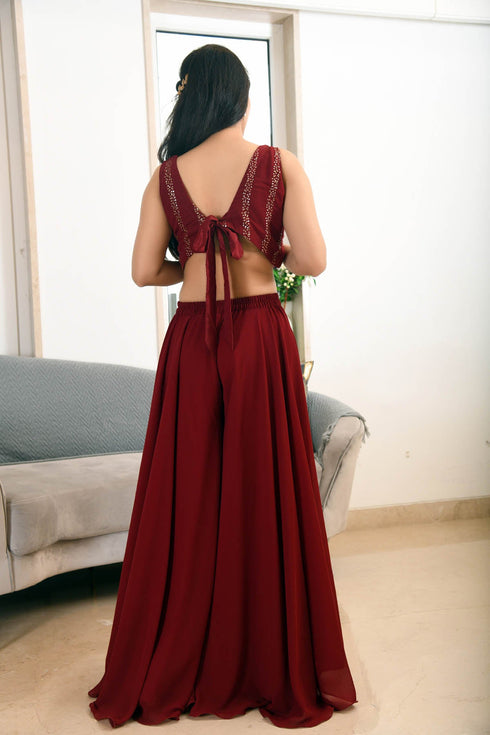 MULMUL MAROON SEQUIN JACKET PLAZZO & BACK TIE BLOUSE SET MULMUL MAROON SEQUIN JACKET PLAZZO & BACK TIE BLOUSE SET