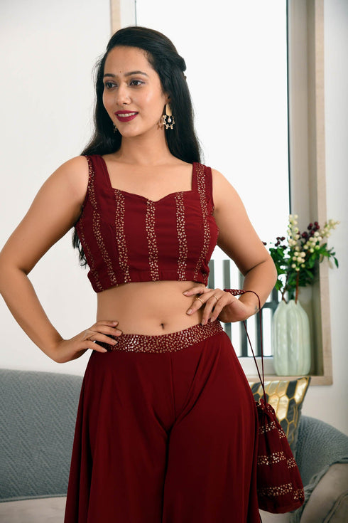 MULMUL MAROON SEQUIN JACKET PLAZZO & BACK TIE BLOUSE SET MULMUL MAROON SEQUIN JACKET PLAZZO & BACK TIE BLOUSE SET