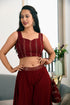MULMUL MAROON SEQUIN JACKET PLAZZO & BACK TIE BLOUSE SET MULMUL MAROON SEQUIN JACKET PLAZZO & BACK TIE BLOUSE SET