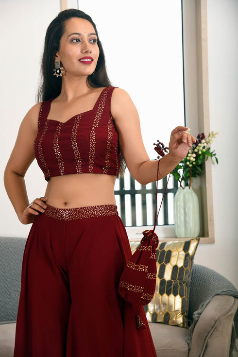 MULMUL MAROON SEQUIN JACKET PLAZZO & BACK TIE BLOUSE SET MULMUL MAROON SEQUIN JACKET PLAZZO & BACK TIE BLOUSE SET