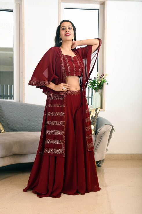MULMUL MAROON SEQUIN JACKET PLAZZO & BACK TIE BLOUSE SET MULMUL MAROON SEQUIN JACKET PLAZZO & BACK TIE BLOUSE SET