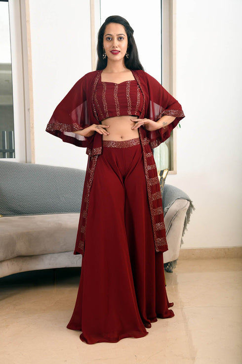 MULMUL MAROON SEQUIN JACKET PLAZZO & BACK TIE BLOUSE SET MULMUL MAROON SEQUIN JACKET PLAZZO & BACK TIE BLOUSE SET