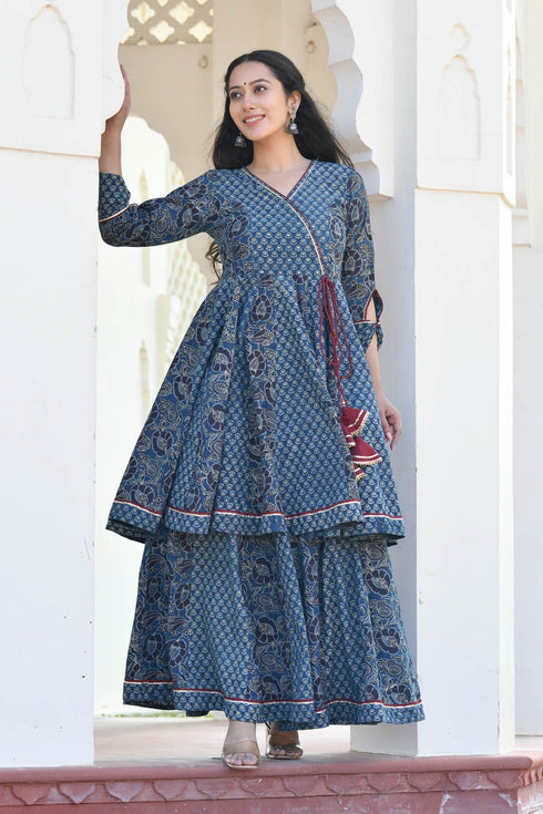 MULMUL IDIKA INDIGO BLOCK PRINTED PANELED KURTA-PLAZZO SET MULMUL IDIKA INDIGO BLOCK PRINTED PANELED KURTA-PLAZZO SET