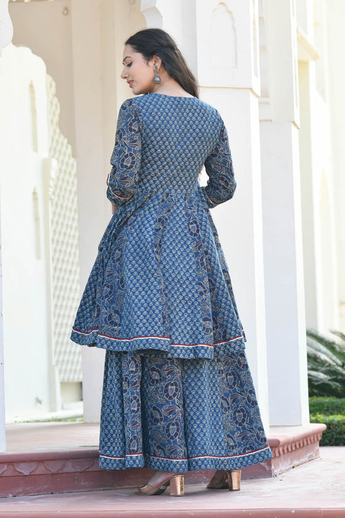 MULMUL IDIKA INDIGO BLOCK PRINTED PANELED KURTA-PLAZZO SET MULMUL IDIKA INDIGO BLOCK PRINTED PANELED KURTA-PLAZZO SET