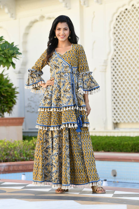 MULMUL DHIVYA AJRAKH PRINT SHARARA SET MULMUL DHIVYA AJRAKH PRINT SHARARA SET