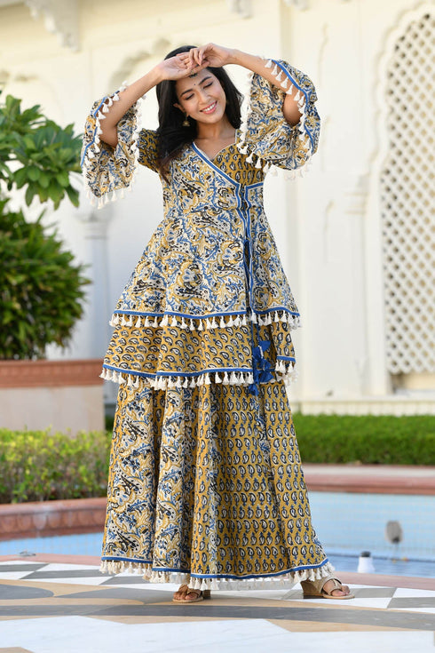 MULMUL DHIVYA AJRAKH PRINT SHARARA SET MULMUL DHIVYA AJRAKH PRINT SHARARA SET