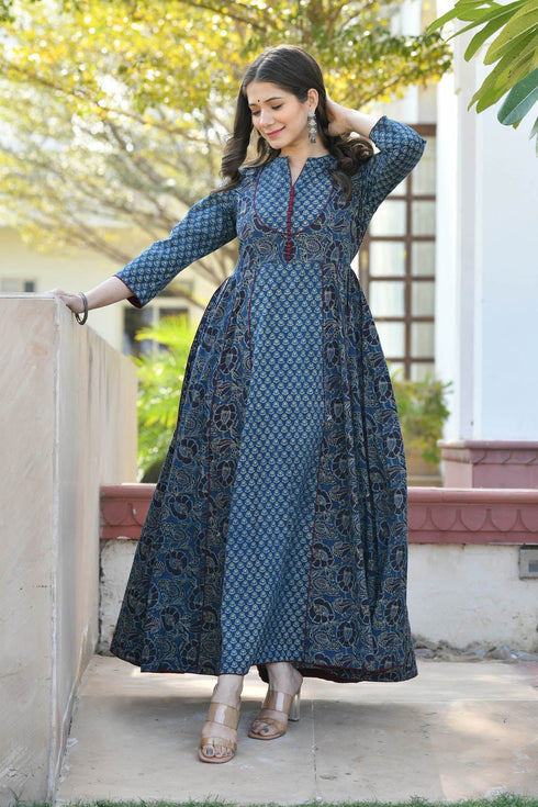 MULMUL JAGVI INDIGO BLOCK PRINTED FLARED DRESS MULMUL JAGVI INDIGO BLOCK PRINTED FLARED DRESS
