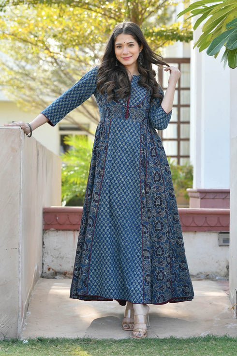 MULMUL JAGVI INDIGO BLOCK PRINTED FLARED DRESS MULMUL JAGVI INDIGO BLOCK PRINTED FLARED DRESS