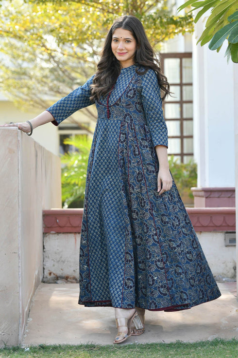MULMUL JAGVI INDIGO BLOCK PRINTED FLARED DRESS MULMUL JAGVI INDIGO BLOCK PRINTED FLARED DRESS