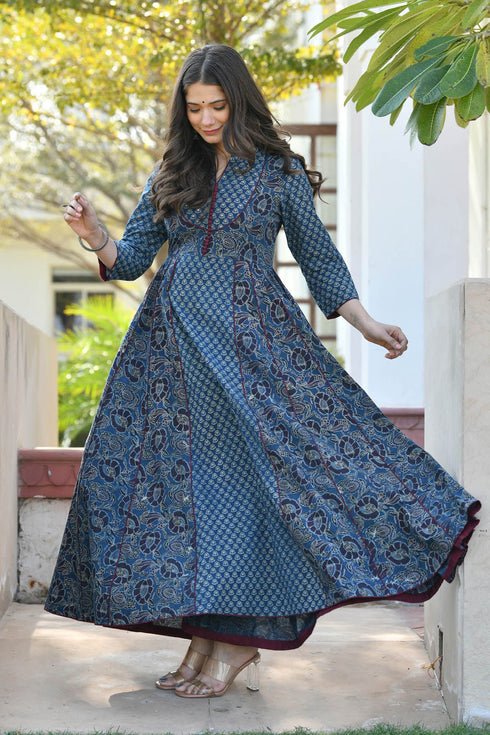 MULMUL JAGVI INDIGO BLOCK PRINTED FLARED DRESS MULMUL JAGVI INDIGO BLOCK PRINTED FLARED DRESS