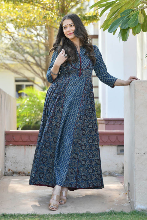 MULMUL JAGVI INDIGO BLOCK PRINTED FLARED DRESS MULMUL JAGVI INDIGO BLOCK PRINTED FLARED DRESS