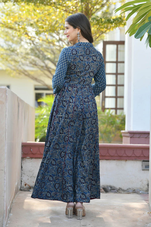 MULMUL JAGVI INDIGO BLOCK PRINTED FLARED DRESS MULMUL JAGVI INDIGO BLOCK PRINTED FLARED DRESS