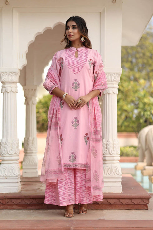 MULMUL EDHITHA BLOCK PRINTED KURTA-PANELED PLAZZO & DUPATTA SET MULMUL EDHITHA BLOCK PRINTED KURTA-PANELED PLAZZO & DUPATTA SET
