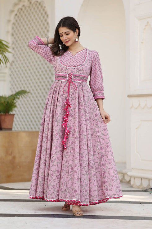 MULMUL VYANJANA FLORAL JAAL BLOCK PRINTED FIT & FLARED DRESS MULMUL VYANJANA FLORAL JAAL BLOCK PRINTED FIT & FLARED DRESS