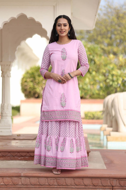 MULMUL VINAYA FLORAL MOTIFS BLOCK PRINTED KURTA-SHARARA & DUPATTA SET MULMUL VINAYA FLORAL MOTIFS BLOCK PRINTED KURTA-SHARARA & DUPATTA SET