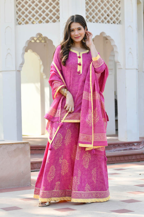 MULMUL MAANIKA BLOCK PRINTED KURTI-FLARED PLAZZO & DUPATTA SET MULMUL MAANIKA BLOCK PRINTED KURTI-FLARED PLAZZO & DUPATTA SET