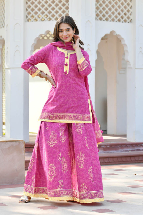 MULMUL MAANIKA BLOCK PRINTED KURTI-FLARED PLAZZO & DUPATTA SET MULMUL MAANIKA BLOCK PRINTED KURTI-FLARED PLAZZO & DUPATTA SET