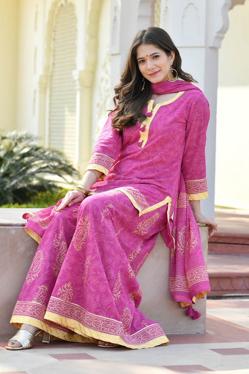 MULMUL MAANIKA BLOCK PRINTED KURTI-FLARED PLAZZO & DUPATTA SET MULMUL MAANIKA BLOCK PRINTED KURTI-FLARED PLAZZO & DUPATTA SET