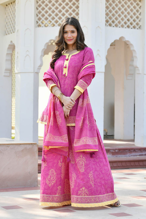 MULMUL MAANIKA BLOCK PRINTED KURTI-FLARED PLAZZO & DUPATTA SET MULMUL MAANIKA BLOCK PRINTED KURTI-FLARED PLAZZO & DUPATTA SET