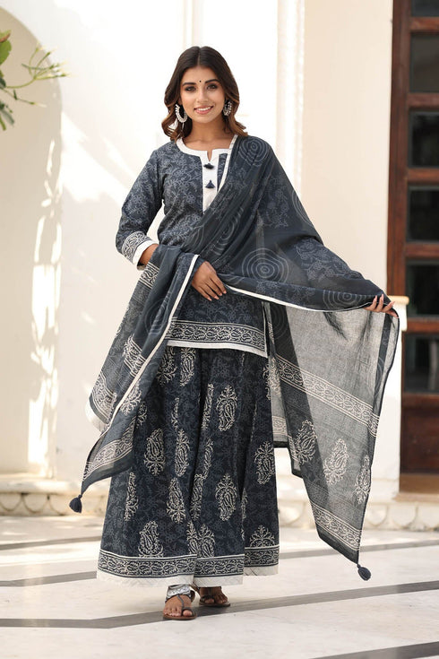 MULMUL CHESHTA BLOCK PRINTED KURTI-FLARED PLAZZO & DUPATTA SET MULMUL CHESHTA BLOCK PRINTED KURTI-FLARED PLAZZO & DUPATTA SET