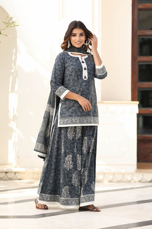 MULMUL CHESHTA BLOCK PRINTED KURTI-FLARED PLAZZO & DUPATTA SET MULMUL CHESHTA BLOCK PRINTED KURTI-FLARED PLAZZO & DUPATTA SET