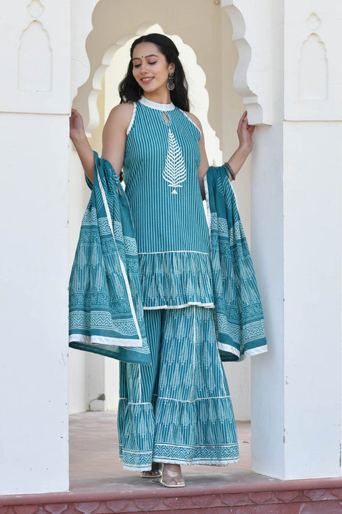 MULMUL SACHI BLOCK PRINTED KURTI-SHARARA & DUPATTA SET MULMUL SACHI BLOCK PRINTED KURTI-SHARARA & DUPATTA SET
