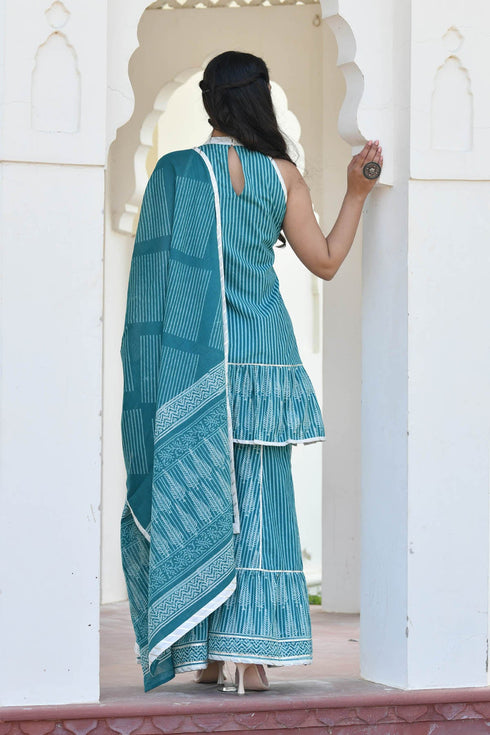 MULMUL SACHI BLOCK PRINTED KURTI-SHARARA & DUPATTA SET MULMUL SACHI BLOCK PRINTED KURTI-SHARARA & DUPATTA SET