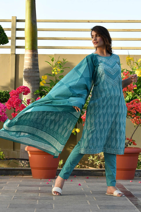 MULMUL AANAVI BLOCK PRINTED KURTA-PANTS & DUPATTA SET MULMUL AANAVI BLOCK PRINTED KURTA-PANTS & DUPATTA SET