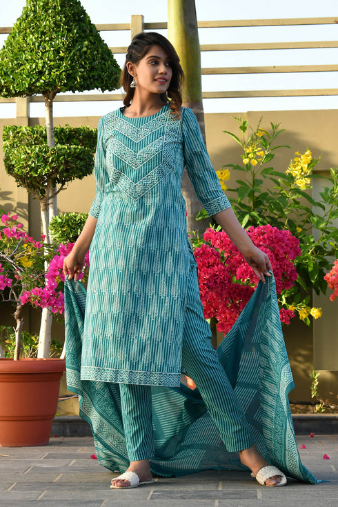 MULMUL AANAVI BLOCK PRINTED KURTA-PANTS & DUPATTA SET MULMUL AANAVI BLOCK PRINTED KURTA-PANTS & DUPATTA SET