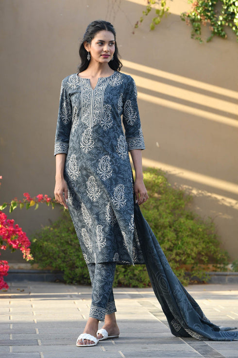 MULMUL IDHIKA BLOCK PRINTED KURTA-PANTS & DUPATTA SET MULMUL IDHIKA BLOCK PRINTED KURTA-PANTS & DUPATTA SET