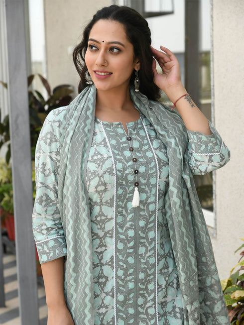 MULMUL MEDH BLOCK PRINTED KURTA-PANTS & DUPATTA SET MULMUL MEDH BLOCK PRINTED KURTA-PANTS & DUPATTA SET