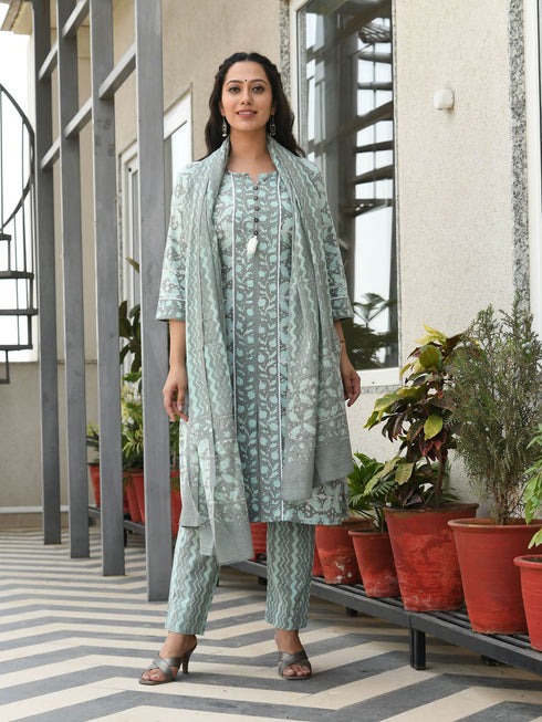MULMUL MEDH BLOCK PRINTED KURTA-PANTS & DUPATTA SET MULMUL MEDH BLOCK PRINTED KURTA-PANTS & DUPATTA SET