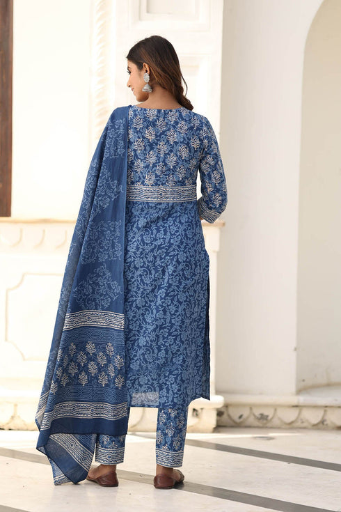 MULMUL YAHVI BLUE BLOCK PRINTED KURTA-PANTS & DUPATTA SET MULMUL YAHVI BLUE BLOCK PRINTED KURTA-PANTS & DUPATTA SET