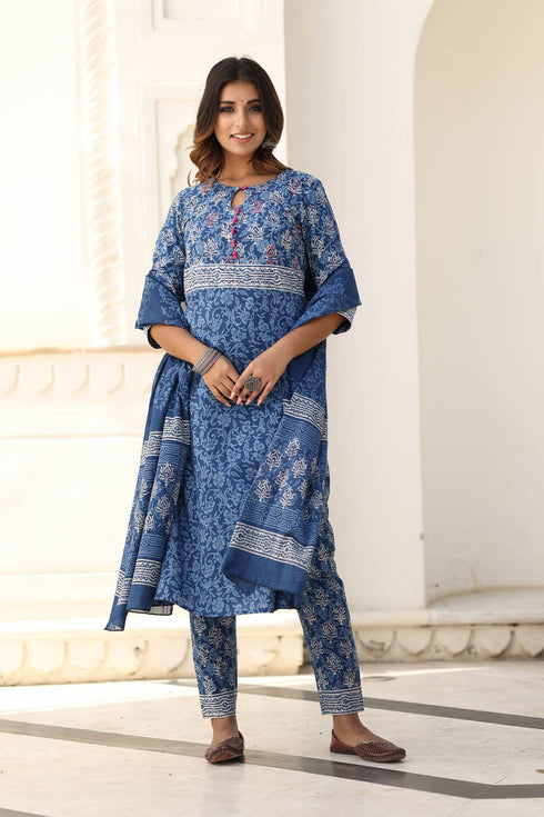 MULMUL YAHVI BLUE BLOCK PRINTED KURTA-PANTS & DUPATTA SET MULMUL YAHVI BLUE BLOCK PRINTED KURTA-PANTS & DUPATTA SET