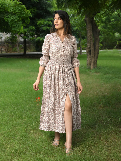 MULMUL PASTEL BROWN BLOSSOM BLOCK PRINTED COMFY DRESS MULMUL PASTEL BROWN BLOSSOM BLOCK PRINTED COMFY DRESS