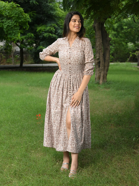 MULMUL PASTEL BROWN BLOSSOM BLOCK PRINTED COMFY DRESS MULMUL PASTEL BROWN BLOSSOM BLOCK PRINTED COMFY DRESS