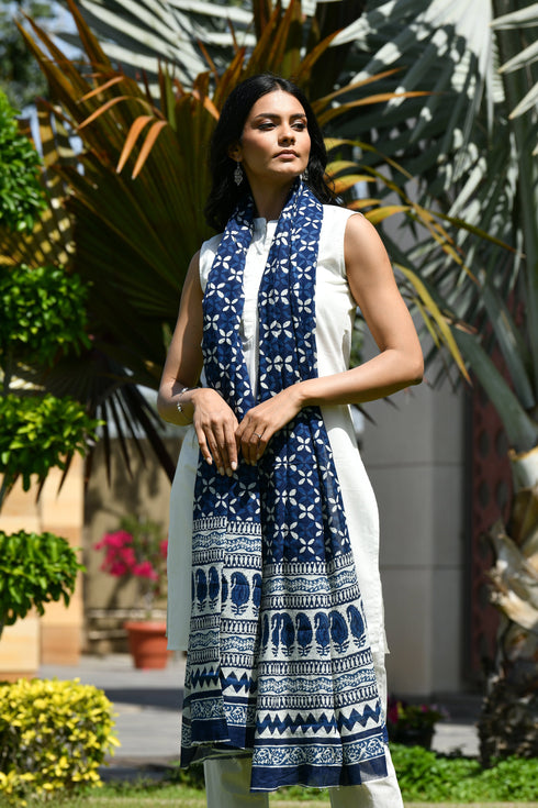 AAHELI BAHIRA INDIGO BLOCK PRINTED DUPATTA AAHELI BAHIRA INDIGO BLOCK PRINTED DUPATTA