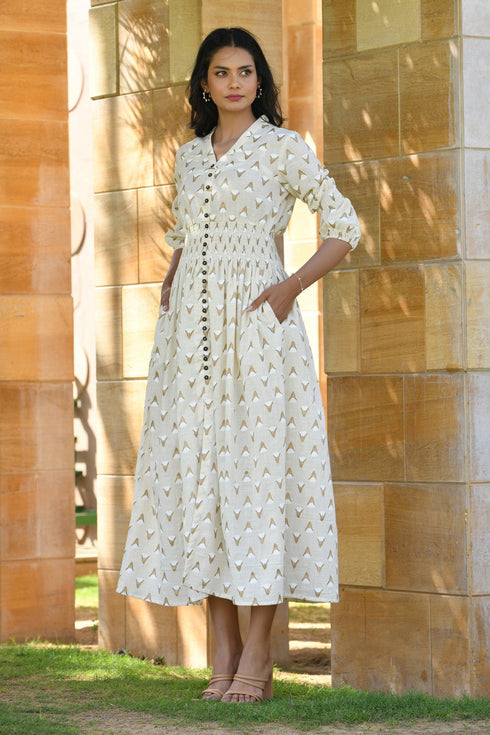 AAHELI SVITRA GOLD PRINTED COMFY DRESS AAHELI SVITRA GOLD PRINTED COMFY DRESS