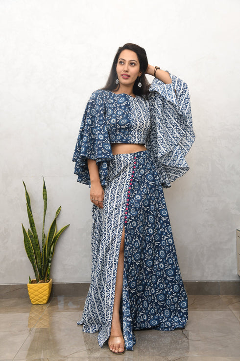 AAHELI NAVY PRINTED COTTON TOP & SKIRT SET AAHELI NAVY PRINTED COTTON TOP & SKIRT SET