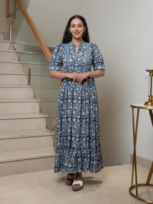 MULMUL NAVY FLORAL JAAL BLOCK PRINTED DRESS MULMUL NAVY FLORAL JAAL BLOCK PRINTED DRESS