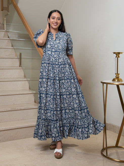 MULMUL NAVY FLORAL JAAL BLOCK PRINTED DRESS MULMUL NAVY FLORAL JAAL BLOCK PRINTED DRESS