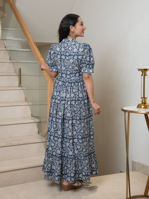 MULMUL NAVY FLORAL JAAL BLOCK PRINTED DRESS MULMUL NAVY FLORAL JAAL BLOCK PRINTED DRESS