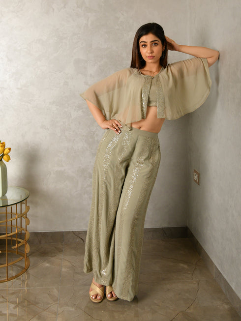 MULMUL DIPTA SAGE GREY SEQUIN GEORGETTE CO-ORD SET MULMUL DIPTA SAGE GREY SEQUIN GEORGETTE CO-ORD SET