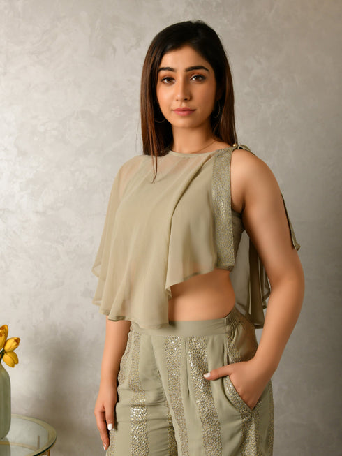 MULMUL DIPTA SAGE GREY SEQUIN GEORGETTE CO-ORD SET MULMUL DIPTA SAGE GREY SEQUIN GEORGETTE CO-ORD SET