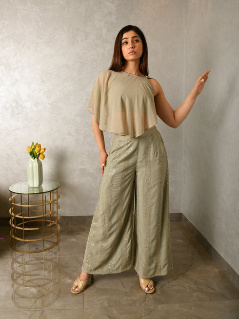 MULMUL DIPTA SAGE GREY SEQUIN GEORGETTE CO-ORD SET MULMUL DIPTA SAGE GREY SEQUIN GEORGETTE CO-ORD SET