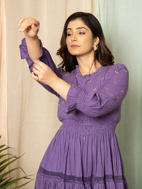 AAHELI RADIANT MEADOWS PURPLE COTTON KANTHA TIERED DRESS AAHELI RADIANT MEADOWS PURPLE COTTON KANTHA TIERED DRESS